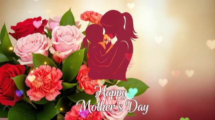 A heartwarming Mother's Day celebration concept featuring a loving silhouette of a mother and baby over a vibrant floral bouquet with bokeh background