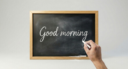A person's hand using white chalk to write a cheerful 'Good morning' greeting on a traditional classroom blackboard