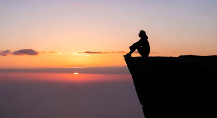 A solitary figure finds peaceful introspection, silhouetted against a breathtaking sunset from a dramatic cliff edge