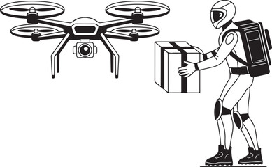 Vector silhouette of a robot Santa delivering presents with drones