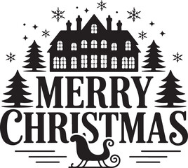 Vintage silhouette of a festive victorian house with merry christmas text and a sleigh in the snow