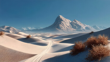 A serene landscape showcasing vast sandy dunes leading to majestic snow-capped mountains under a clear blue sky.