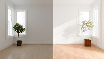 Fototapeta premium A serene room with bright windows, showcasing a single plant in contrasting environments.