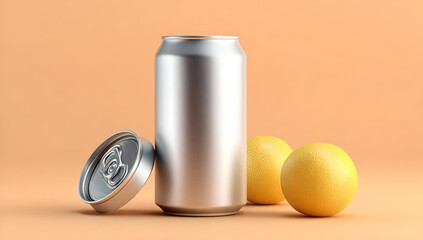 A silver beverage can with a vibrant orange backdrop, accompanied by two yellow balls, perfect for product showcasing.