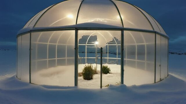 Unique geodesic dome greenhouse glows with warm light in a snowy, barren landscape at dusk