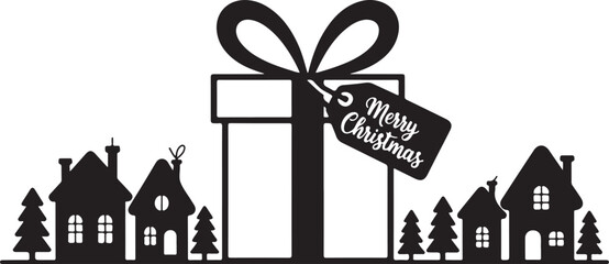 Whimsical black and white silhouette of a giant merry christmas gift box in a snowy village scene