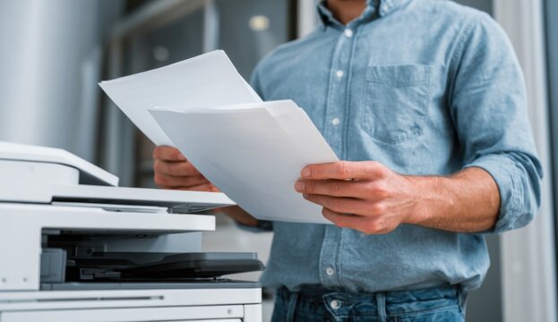 A man uses a copier in the office. - Powered by Adobe
