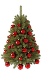 Decorated christmas tree with red ornaments isolated on transparent background