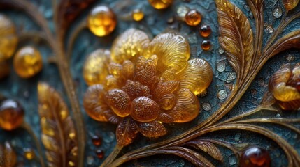 Close-up of an intricate glass floral design with amber and teal tones, artistic