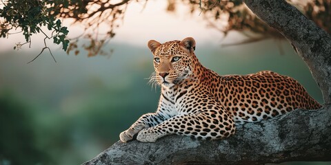 Naklejka premium jungle wildlife concept Majestic leopard resting on a tree branch.