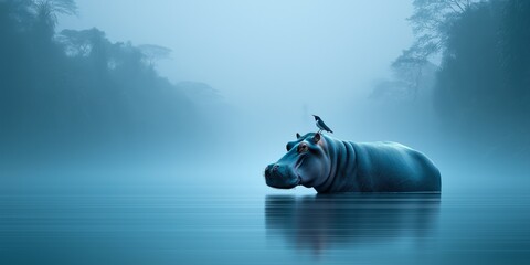 jungle wildlife concept Hippo resting in tranquil water amidst a misty landscape.