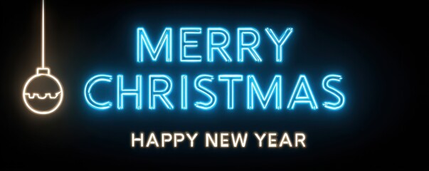 Banner with neon light christmas ball and text Merry Christmas Happy New Year.