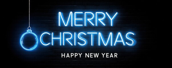 Banner with neon light christmas ball and text Merry Christmas Happy New Year.