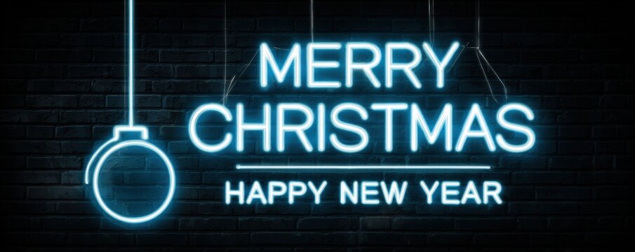 Banner with neon light christmas ball and text Merry Christmas Happy New Year.
