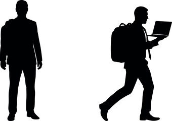 flavector silhouettes of backpacked individuals in motion and stationary poses using laptop in urban context