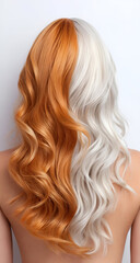 Naklejka premium Stylish wavy hair featuring vibrant orange and cool white strands, perfect for hairstyles and fashion inspiration.
