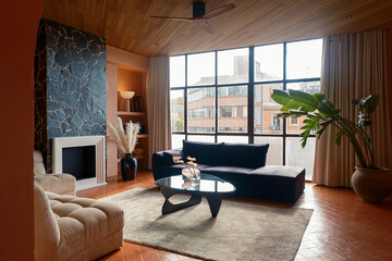 Cozy and modern living room with fireplace