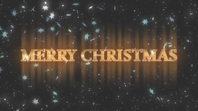 金色の光るクリスマスのテキスト　雪の結晶の降る背景　merry christmas のロゴ　お祝い・休日のデコレーション