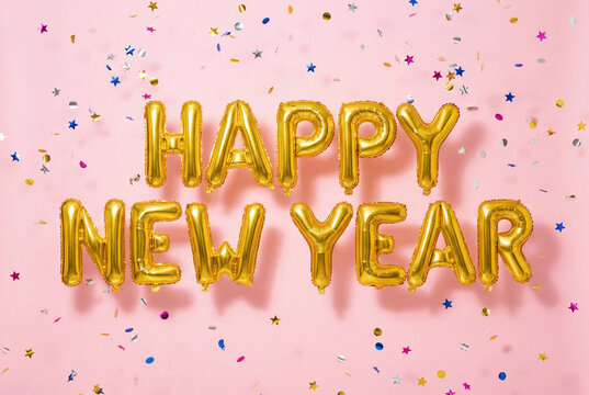 Gold foil balloon text Happy New Year on pink background. Falling colorful confetti decoration. Top view of 3D festive party celebration concept. Fun holiday layout.