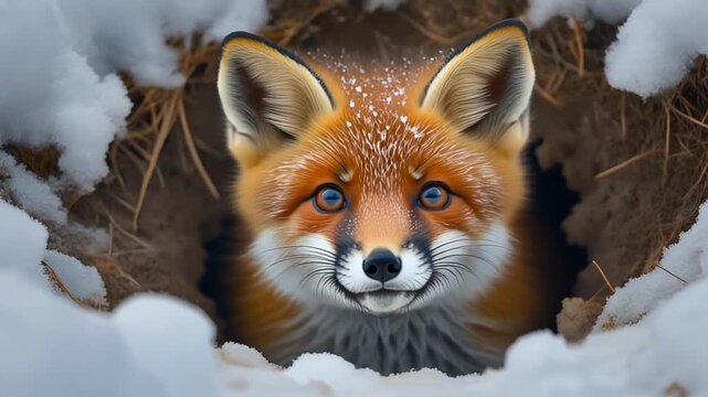 Adorable wild red fox with striking eyes peeks out from its warm den into the cold, white winter snow