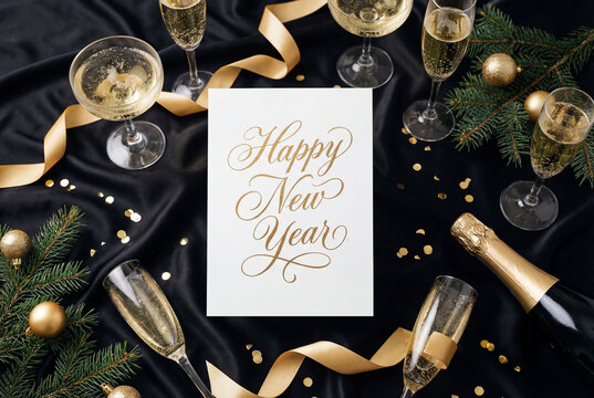 Vertical greeting card Mockup with Happy New Year text. Black silk background with champagne bottle and glasses. Gold Christmas ornaments and ribbon flat lay.