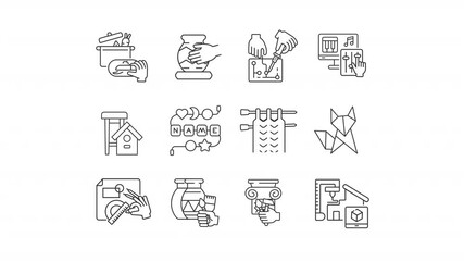 Animated hobbies line icons. Regular activity for pleasure animation set. Enjoyment in free time apart from regular work and duties. Outline elements on white background. HD video with alpha channel
