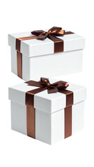 Stacked white gift boxes with chocolate-brown ribbons