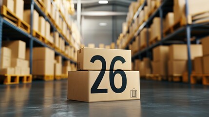Fototapeta premium a close-up capturing two cardboard boxes adorned with the number 26, positioned in a warehouse setting with blurred stacked shelves filled with boxes