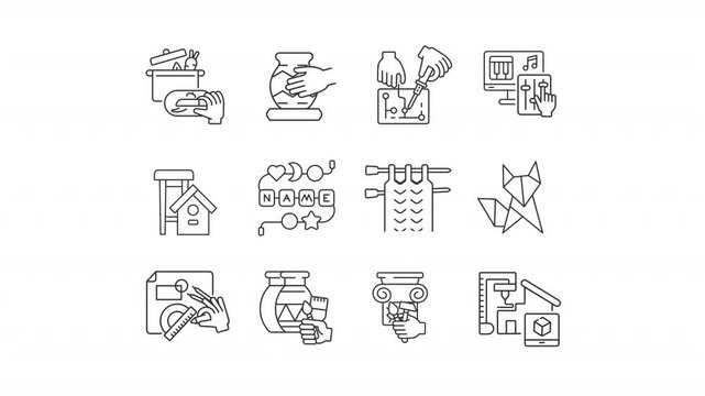 Animated hobbies line icons. Regular activity for pleasure animation set. Enjoyment in free time apart from regular work and duties. Outline elements on white background. HD video with alpha channel