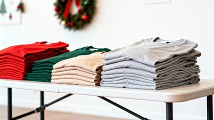 Folded Christmas sweaters neatly arranged on table for volunteer program  