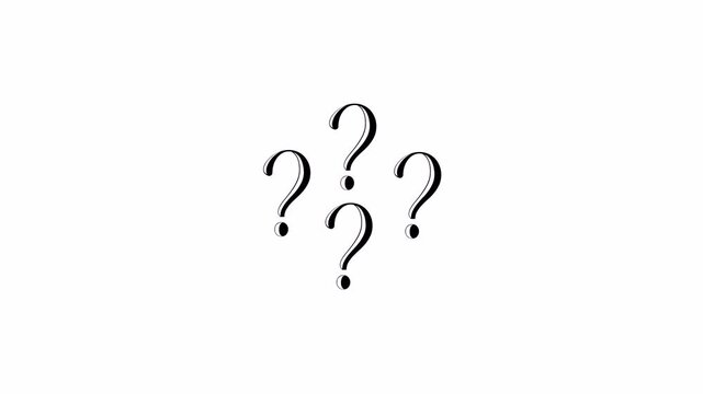 Bold black question marks arranged in a cluster on transparent background, symbolizing confusion, curiosity, and inquiry. 4K video