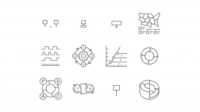 Animated diagrams line icons. Statistical charts of data processing animation set. Corporate analytics processes. Organization. Outline elements on white background. HD video with alpha channel - Powered by Adobe