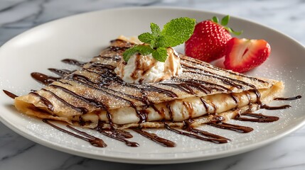 Decadent Crêpe Stuffed with Cream, Topped with Ice Cream Scoop and Fresh Strawberry