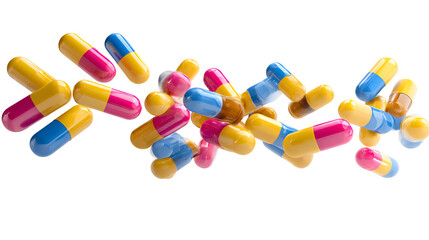 Colorful pharmaceutical capsules scattered isolated on transparent background