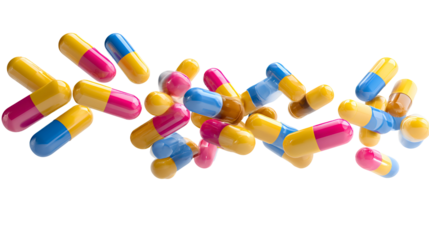 Colorful pharmaceutical capsules scattered isolated on transparent background