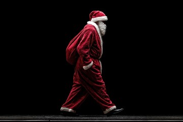 Fototapeta premium Santa Claus Walking with Backpack in Dark Setting