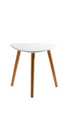 Simple white table with three wooden legs on black