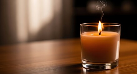 Burning candle in glass jar on wooden table for relaxation and home decor with flickering flame and smoke 100