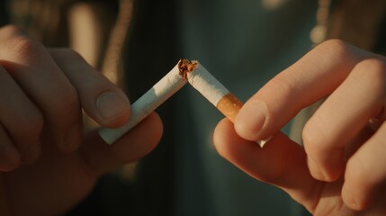 A person snapping a cigarette in two, quit smoking.