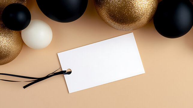 Festive scene with a blank white tag amongst black and gold ornaments, perfect for crafting a personalized holiday message or displaying sale prices.