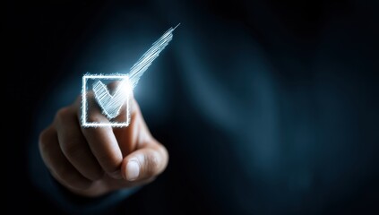 Man's finger touching a digital interface with checkmark.