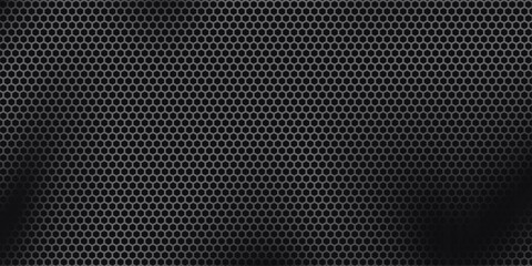 Naklejka premium Black perforated metal plate. Metal grill. Black metal texture steel background. Perforated sheet metal.Abstract dark gray circle mesh pattern background texture.Black metallic background.