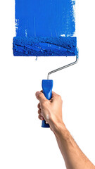 Arm paints blue wall using roller; dripping paint