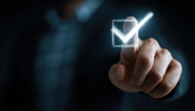 Man's finger touching a digital interface with checkmark.