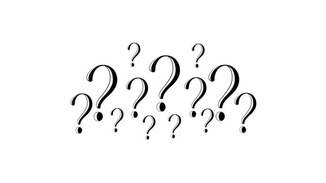 Stylized black question marks arranged in a scattered pattern on transparent background. 4K video