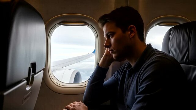 Melancholy Journey: A Man Contemplates Life's Uncertainties During a Long Flight in a Plane