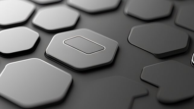 Close-up of a group of hexagon shapes with an embedded rectangle, in a modern design concept. The shapes are in various shades of gray.