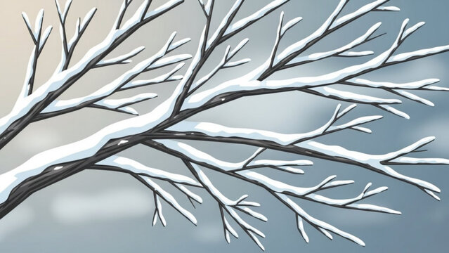 Winter snow scene of tree branches covered in white snow and a winter sky background illustration