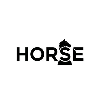 Minimalist black and white logo design featuring the word horse with a chess knight replacing the letter s