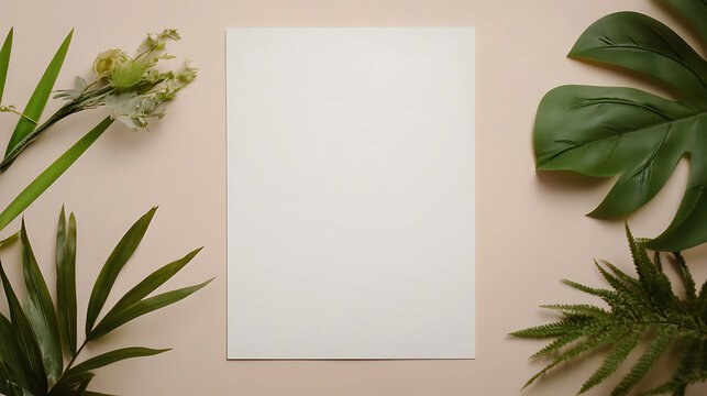 Botanical theme flat lay featuring a blank paper sheet surrounded by tropical leaves, with a light tan backdrop. Perfect for adding your message or creative designs.